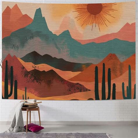 Nawypu Boho Western Tapestry Modern Southwestern Mountain Cactus