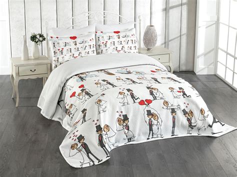 Ambesonne Cartoon Quilted Bedspread Set 3 Pcs Couple On Clouds King