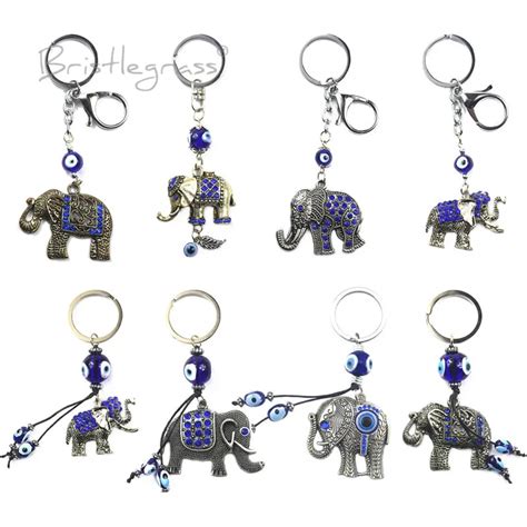 BRISTLEGRASS Turkish Blue Evil Eye Rhinestone Elephants Keychain Key