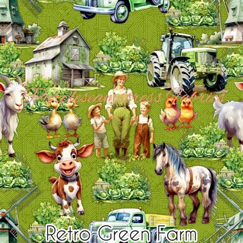 Green Retro Farm Cotton Lycra Purpleseamstress Fabric