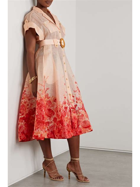 Pink High Tide Belted Floral Print Linen And Silk Blend Midi Dress