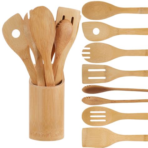 Springcorner Pcs Wood Kitchen Utensil Set With Holder Wooden Spoons