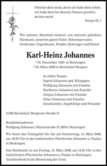 Traueranzeigen Von Karl Heinz Johannes Saarbruecker Zeitung Trauer De