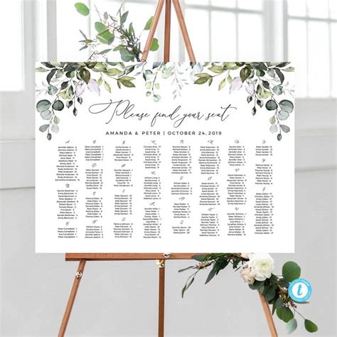 Greenery Seating Chart Template Seating Chart Wedding Etsy