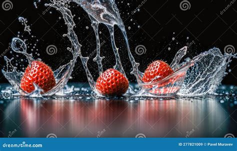 Fresa Salpicada En Agua Sobre Fondo Negro Fresas Cayendo En Aguas