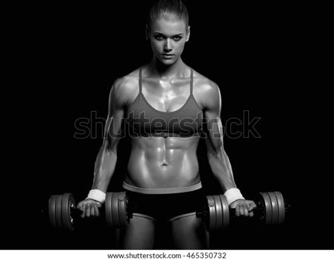 Athletic Bodybuilder Woman Dumbbellsbeautiful Blonde Girl Stock Photo