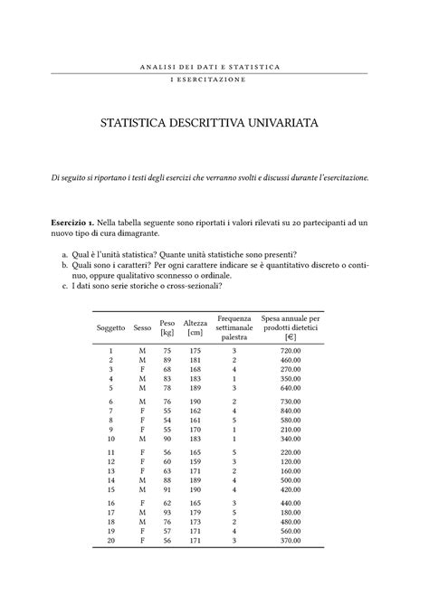 Es01 Testo Introduzione Statistica Descrittiva Esercizi Di