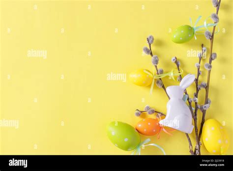 Easter Bunny Pussy Willow And Colorful Eggs On Yellow Background