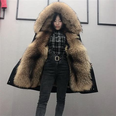 Lavelache Winter Women Real Mink Fur Coat Super Big Raccoon Fur Collar Hooded Jacket Long Thick