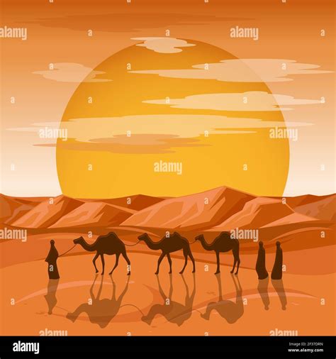 Caravan in desert vector background. Arab people and camels silhouettes ...