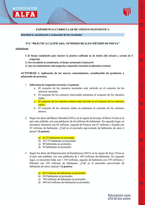 Practica Calificada Sesión 2 EXPERIENCIA CURRICULAR DE LÓGICO