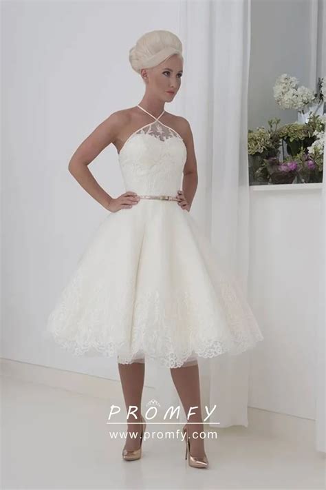 Cute Knee Length Halter Short Lace Wedding Dress Promfy