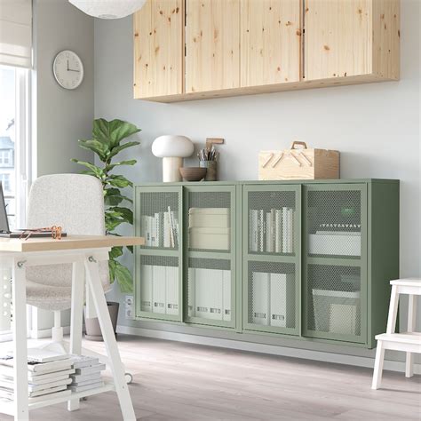 Ivar Cabinet With Doors Grey Green Mesh 160x30x83 Cm Ikea