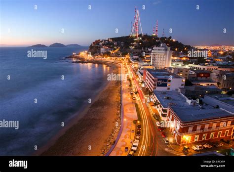 Twilight shot of the malecon (boardwalk) in Mazatlan Viejo from the ...