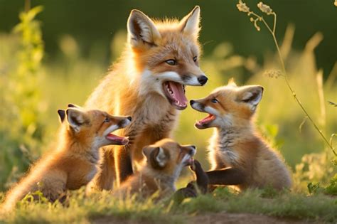 Premium AI Image | a group of foxes are playing in the grass