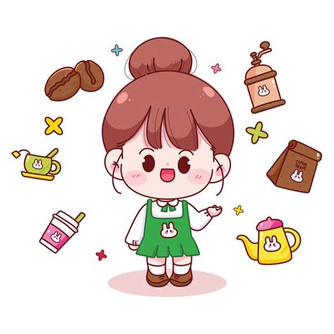 Cute Girl Barista Cafe Coffee Shop With Element Hand Drawn Cartoon Illustration