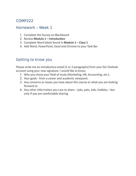 Homework Week 1 Day 1 Comp Homework Week 1 Complete The Survey On Blackboard Review