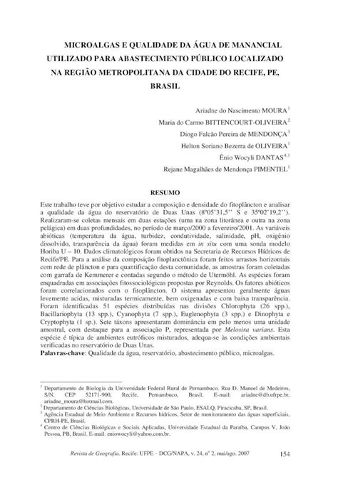 PDF MICROALGAS E QUALIDADE DA GUA DE MANANCIAL UTILIZADO