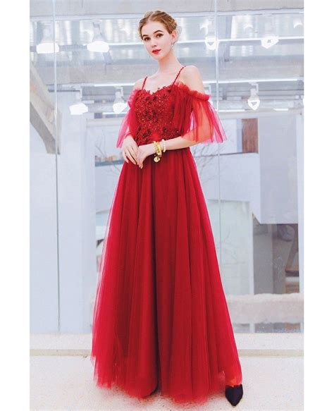 Burgundy Red Flowy Tulle Prom Dress With Spaghetti Straps Wholesale