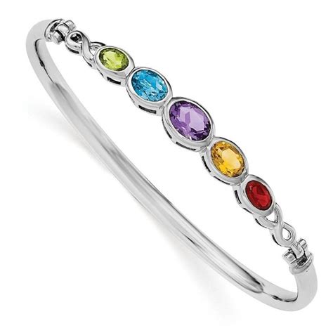 Silver Multi Gemstone Hinged Bangle Bracelet Gemstone Bangle