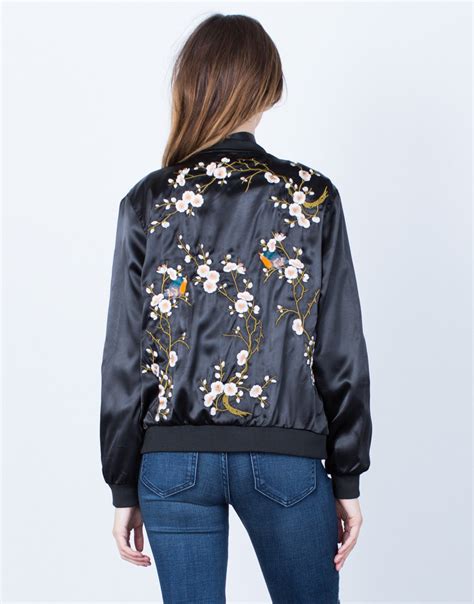 Floral Embroidered Satin Bomber Jacket Black Silky Satin Jacket