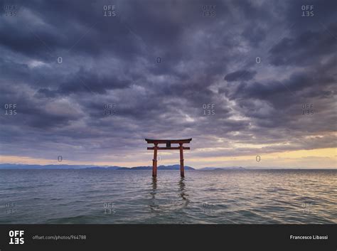 Long Exposure Shot Of Shirahige Shrine Torii Gate At Sunset At Lake