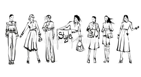 Set Of Stylish Fashion Models Pretty Young Girls Stock Illustration
