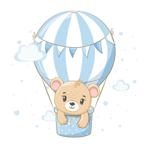 A Cute Teddy Bear Is Flying In A Balloon Vector Illustration Of A