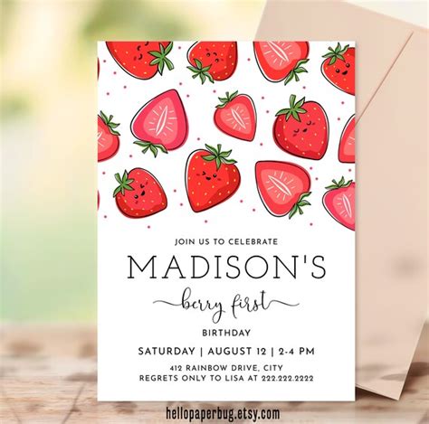 Electronic Invitation Editable Berry First Birthday Invitation