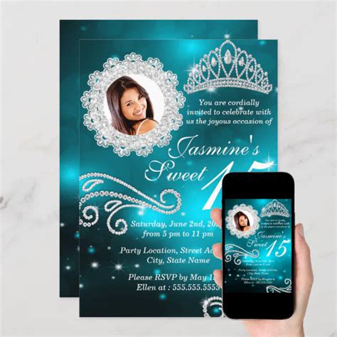 Teal Sparkle Diamond Tiara Photo Quinceanera Invitation Zazzle