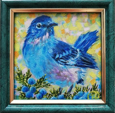 Bluebird And Blueberries Framed Painting By Iryna Fedarava Artmajeur