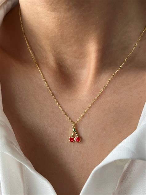 Cherry Necklace 14k Gold Plated Cherry Jewelry Red Cherry Pendant Cute Jewelry Christmas T