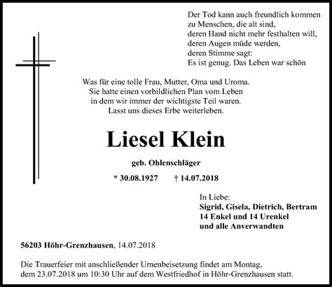 Traueranzeigen Von Liesel Klein Rz Trauer De