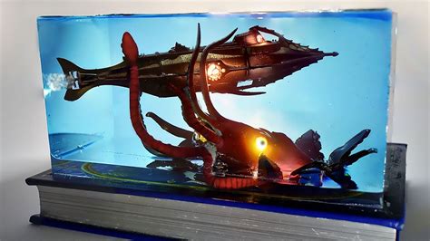 Book Lamp Giant Squid Vs Nautilus Diorama Epoxy Resin Art With