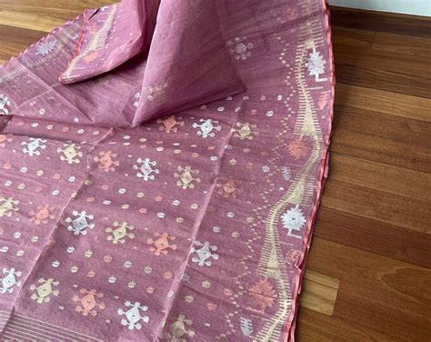 Handloom Dhakai Jamdani Saree From Bangladesh Onion Pink Jamdani Half