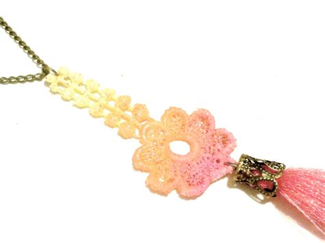 Tassel And Lace Necklace Hand Dyed Flower Pink Orange Yellow