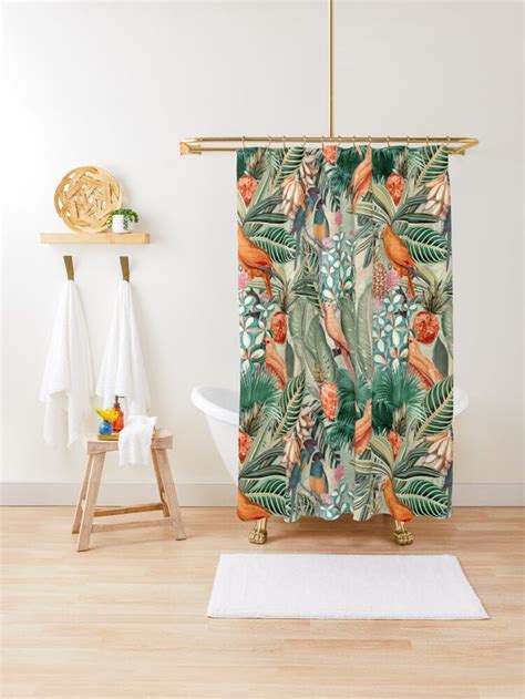 Vintage Orange Tropical Bird Jungle Botanical Garden Shower Curtain