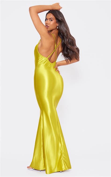 Chartreuse Stretch Cowl Neck Low Back Maxi Dress Dresses