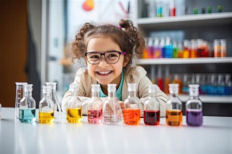 Premium Ai Image Scientist Girl In Glasses Happy Doing Experiment With Glass Test Tubes On