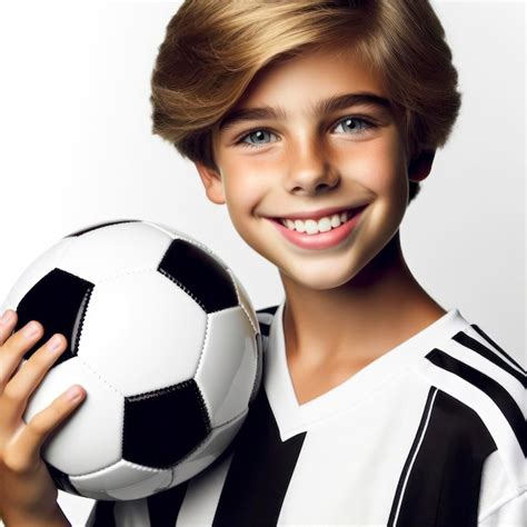 Retrato de un jugador sonriente sosteniendo una pelota de fútbol sobre