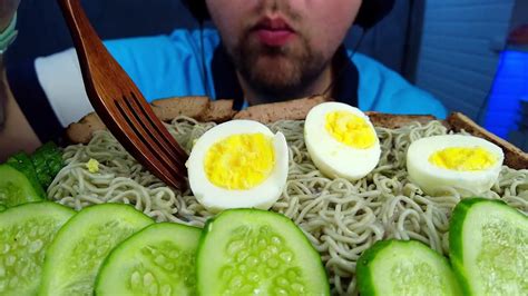 Asmr Eating Noodles Boiled Eggs Fried Liver With Fresh Cucumbers