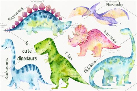 Watercolor Dinosaur Clipart Master Bundles