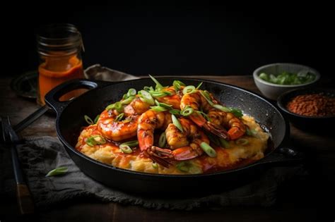 Premium Photo Spicy Shrimp And Grits Enchiladas With Creole Sauce