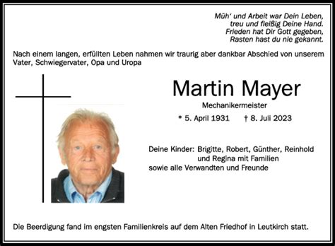 Traueranzeigen Von Martin Mayer Schwaebische De Trauerportal