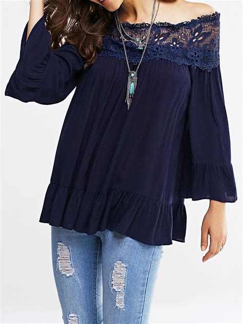 Purplish Blue S Off The Shoulder Bell Sleeve Lace Blouse