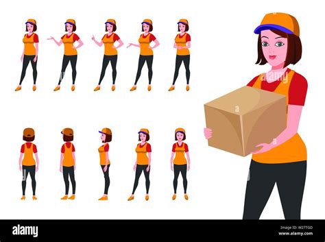 Courier Woman Character Model Sheet And Turnarround Stock Vector Image