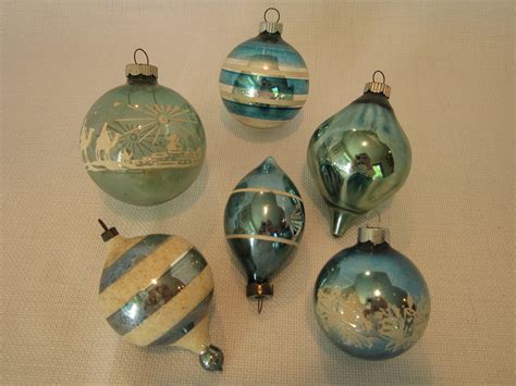 Blue Vintage Glass Christmas Holiday Tree Ornaments Set Of Six