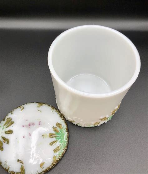 Victorian Hand Painted Milk Glass Vanity Powder Jar Etsy