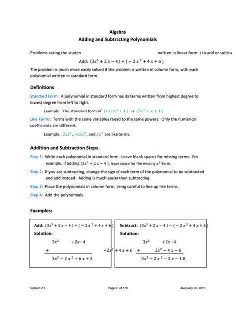 Adding And Subtracting Polynomials Worksheet Printable Pdf Download