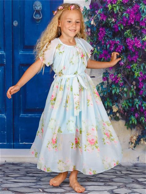 Mia Belle Girls Mint Floral Maxi Dress With Sash